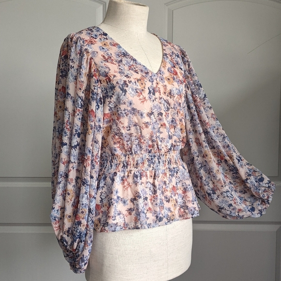 1. State Blouse V-Neck Long Sleeves Sheer Floral Peplum Waist Pink Blues M NWT - Picture 1 of 15
